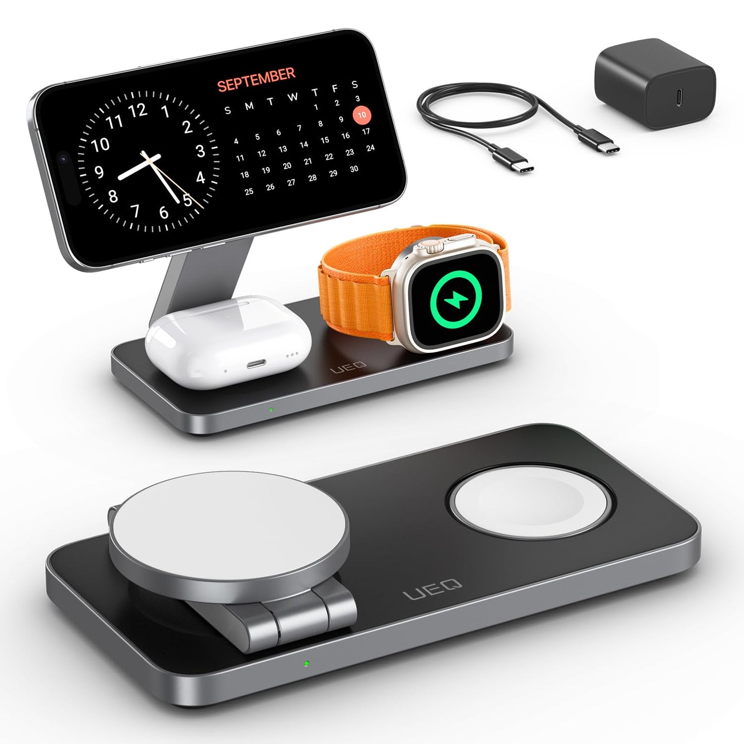 UEQ Foldable 3 in 1 Wireless Charging Station for Apple Compatible with Magsafe Charger Stand,Magnetic Wireless Charger Station for iPhone 16 15 14 13 12 Series,Airpods Pro,Apple Watch(Black)