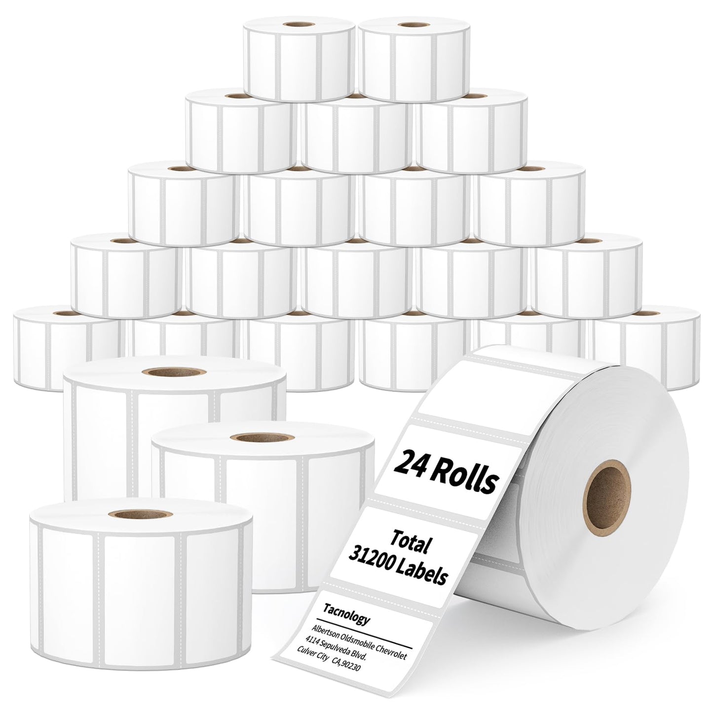 Tacnology 24 Rolls 2" X 1" Direct Thermal Labels - Perforated Barcode Replacement Labels - Compatible with Rollo & Zebra Desktop Printers - FBA Adhesive Address Shipping Labels- 1300 Labels/Roll