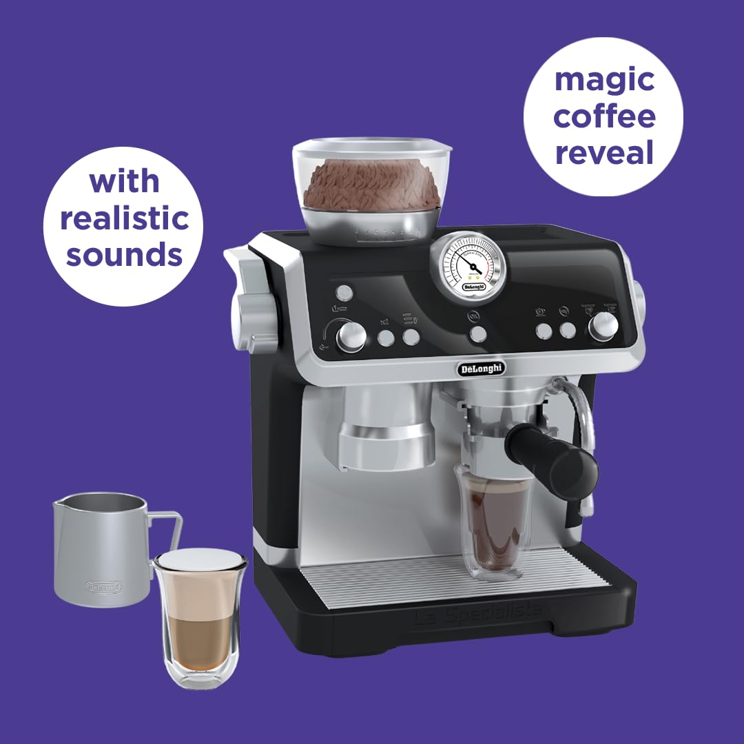 Casdon De'Longhi Toys - Barista Coffee Machine - Toy Kitchen Playset for Kids with Moving Parts, Realistic Sounds & Magic Coffee Reveal - for Children Aged 3+
