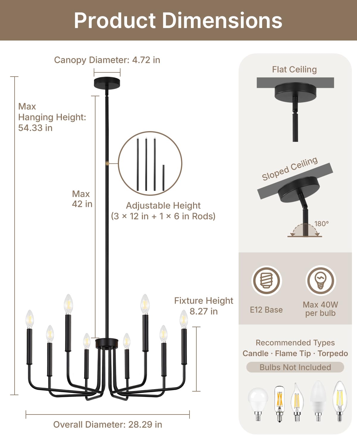 Yunnix 8 Light Black Chandelier, Farmhouse Chandelier for Dining Room Light Fixture Hanging, Industrial Modern Chandelier for Bedroom, Entryway, Foyer, Staircase, Kitchen and Living Room