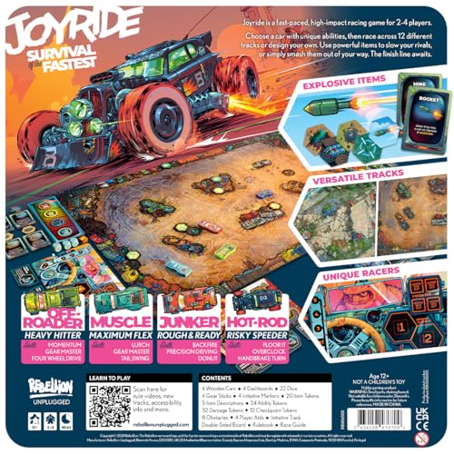 Rebellion Unplugged: Joyride: Survival of The Fastest - Car Combat Board Game, Battle On Maps & Racetracks, Ages 12+, 2-4 Players