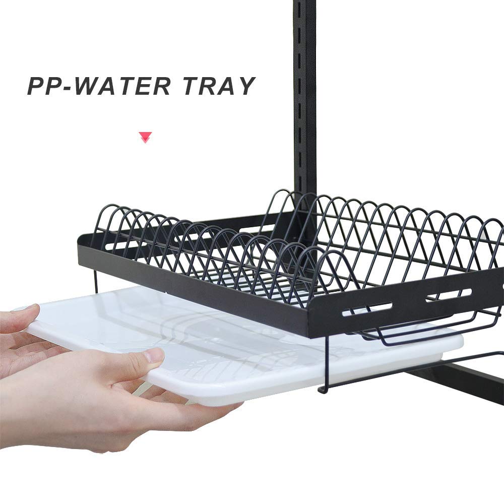 junyuan Hanging Dish Drying Rack Wall Mount,Dish Racks Drainer,3 Tier Kitchen Plate Organizer Storage Shelf with Drain Tray with 3 Hooks,Stainless Steel Black Large Ajustable Height