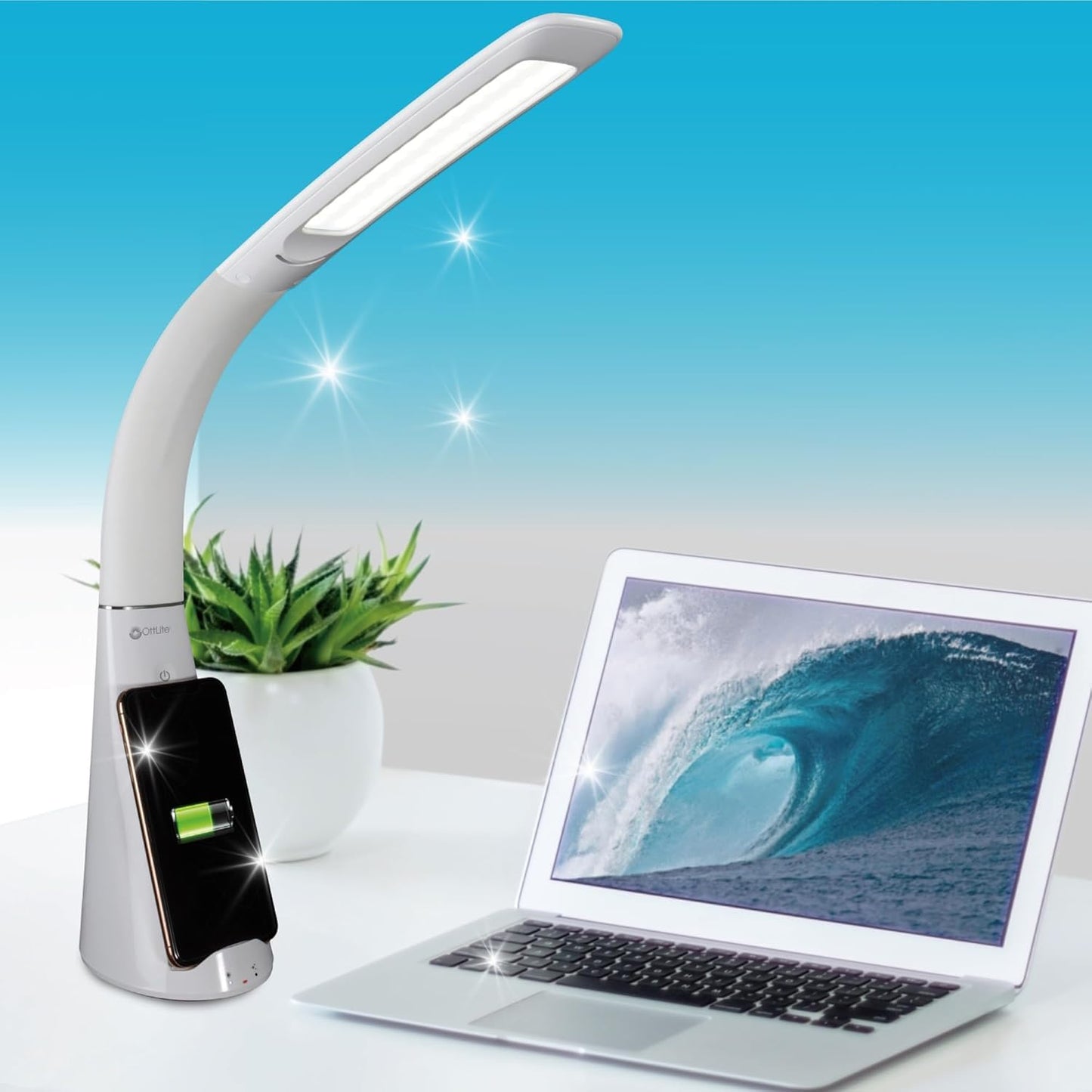 OttLite Purify LED Sanitizing Desk Lamp with Wireless Charging – Eliminates up to 99.9% of Bacteria, Touch Activated, Flexible Neck, Modern Light for Reading, Crafting & Office Desktop