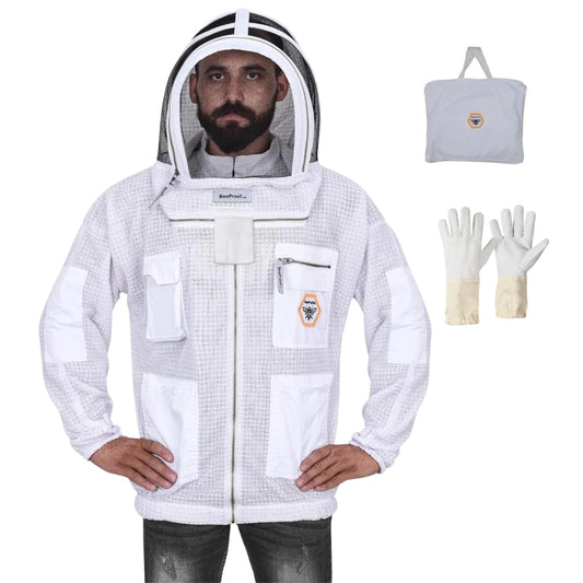 BP-301 Beekeeping Jacket with Veil, 3-Layer Ultra Ventilated Suit for Full Protection, Safety Fencing, YKK Zippers, and Carrying Bag (White Fencing Veil, X-Large)