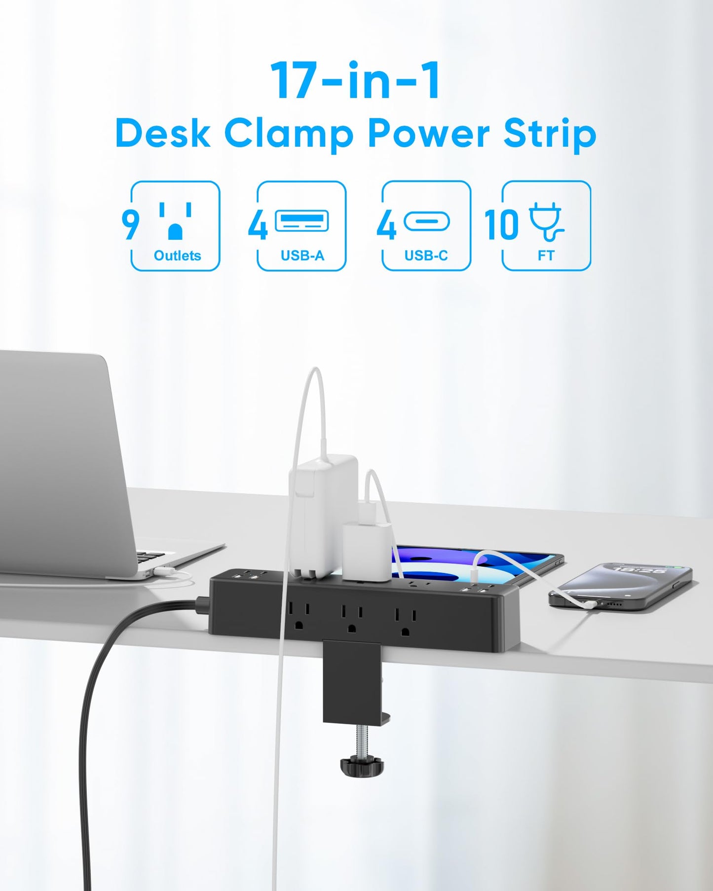 17-in-1 Desk Clamp Power Strip with 40W Fast Charging Station, ACOZVIN 10ft Flat Plug 1200J Surge Protector, 9 AC Outlets 8 USB Ports(4 USB C), Desk Outlet for Home Office, Fit 1.7" Tabletop Edge