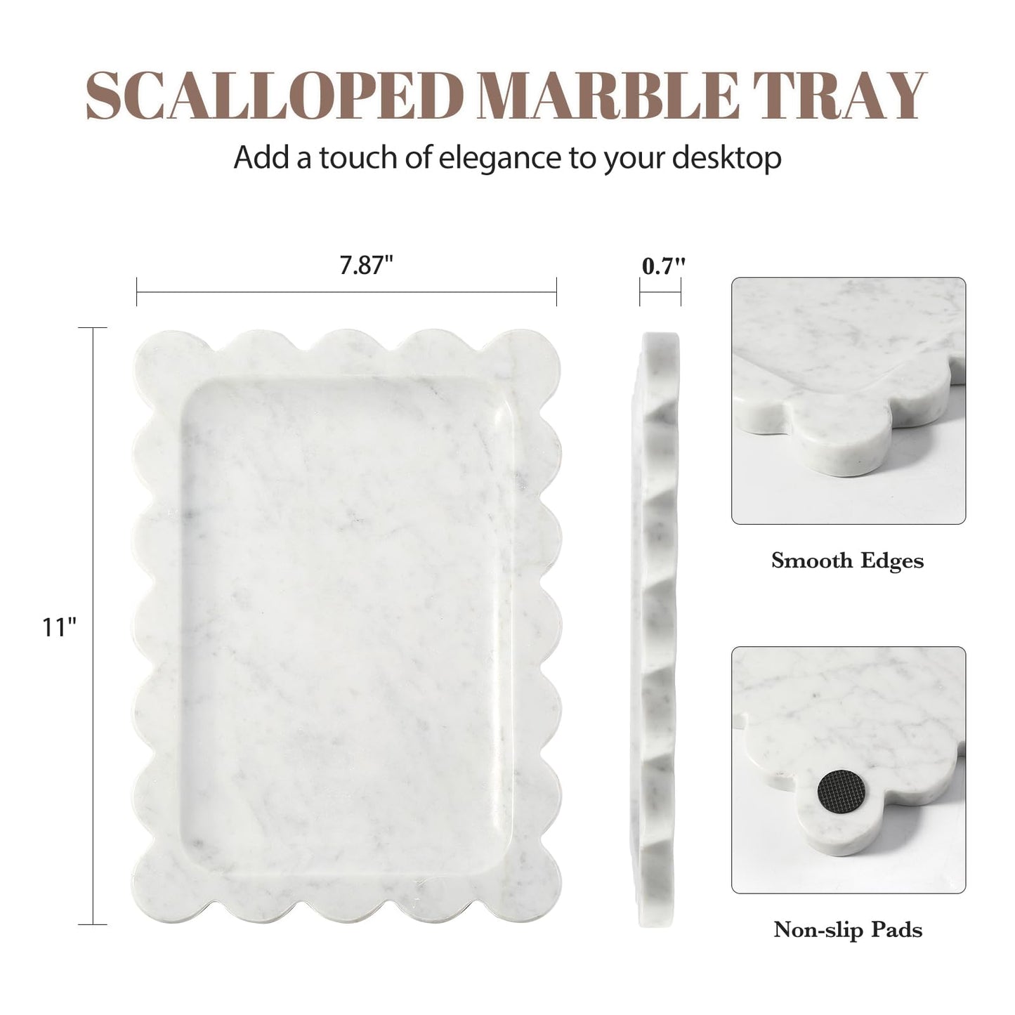 Koville Scalloped Marble Tray, 11"x8" Marble Vanity Tray for Countertop Bathroom Kitchen Dresser, Natural Stone Tray for Jewelry Perfume Home Decor, Decorative Catchall Trays(Bianco Carrara)