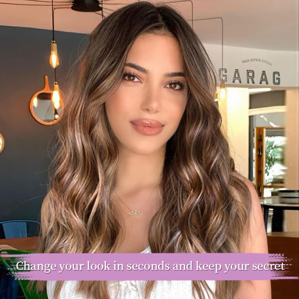 Invisible Wire Hair Extensions Real Human Hair, 14 Inch 75G Brown mixed Blonde Remy Human Hair Extensions with 4 Clips, Long Straight Thick Layered Transparent Hairpiece for Women
