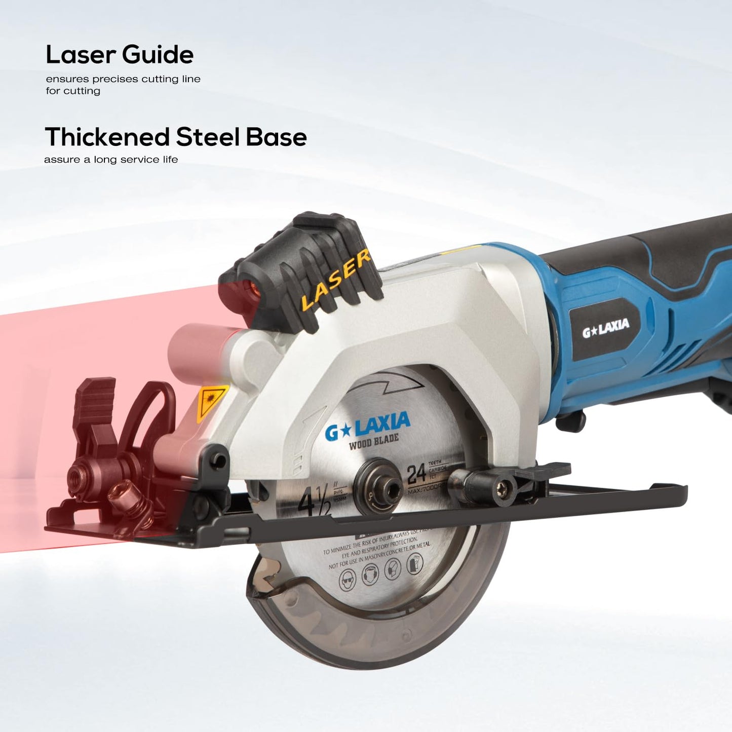 G LAXIA Mini Circular Saw, 4-1/2" 3400RPM Cordless Circular Saw with Laser Guide, Rip Guide, Compact Hand Saw with 2Pcs blades（24T+60T), Max Cutting Depth 1-11/16"(90°), 1-1/8"(45°)