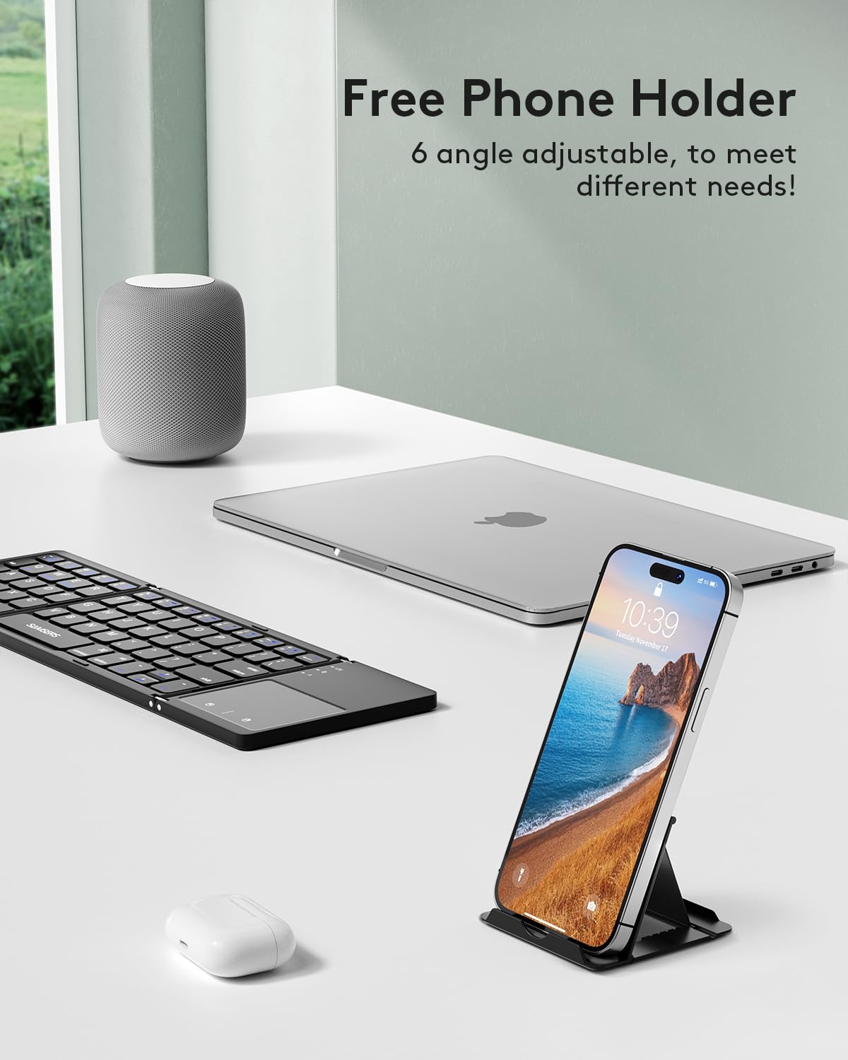 Samsers Foldable Bluetooth Keyboard with Touchpad - Portable Wireless Keyboard with Holder, Rechargeable Full Size Ultra Slim Pocket Folding Keyboard for Android Windows iOS Tablet & Laptop - Black