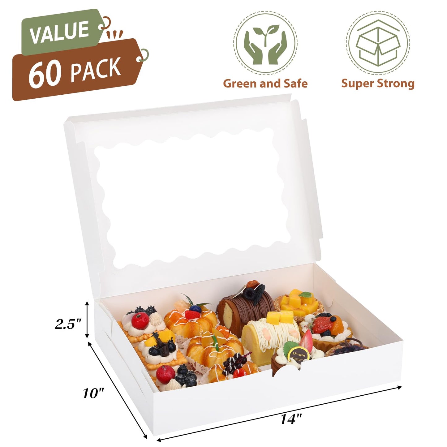 Moretoes 60pcs Cookie Boxes, 14x10x2.5 Inch Bakery Boxes with Window, for Donuts, Pies, Cakes, Muffins, and Pastries