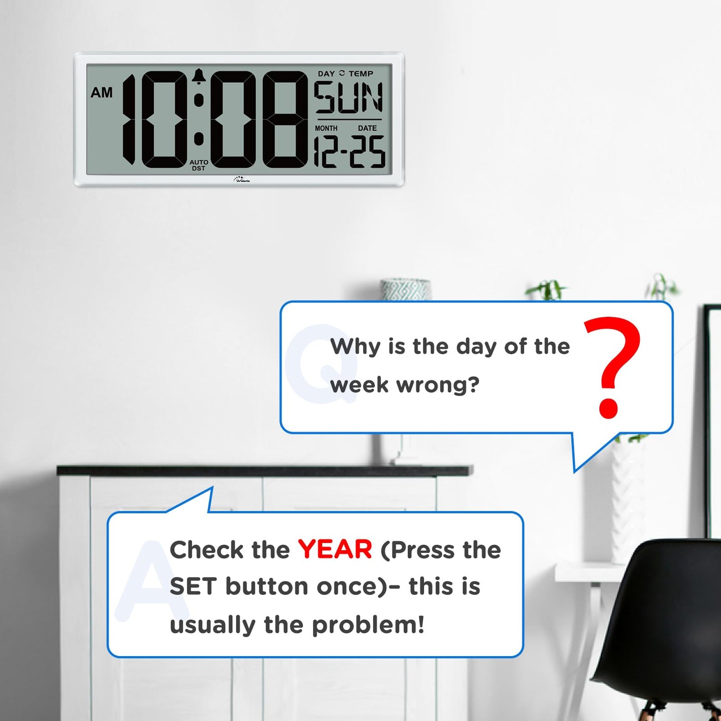 WallarGe Backlight Digital Wall Clock Battery Operated - with Temperature and Date 14.5'' Large Digital Wall Clock, Easy to Read and Set, Auto DST