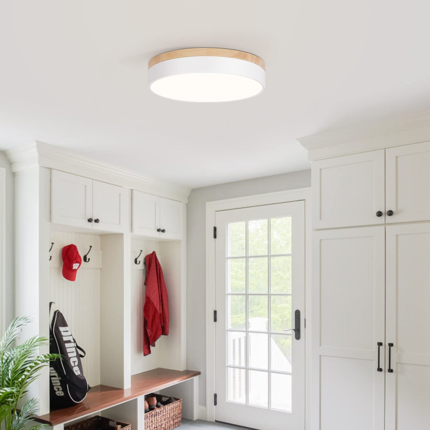 WOKNOS Dimmable Wood Oak Ceiling Light Fixture Modern White LED Flush Mount Ceiling Light 5CCT Minimalist Circle Close to Lighting Fixture for Bedroom Kitchen Bathroom Laundry Room 11.81 Inch