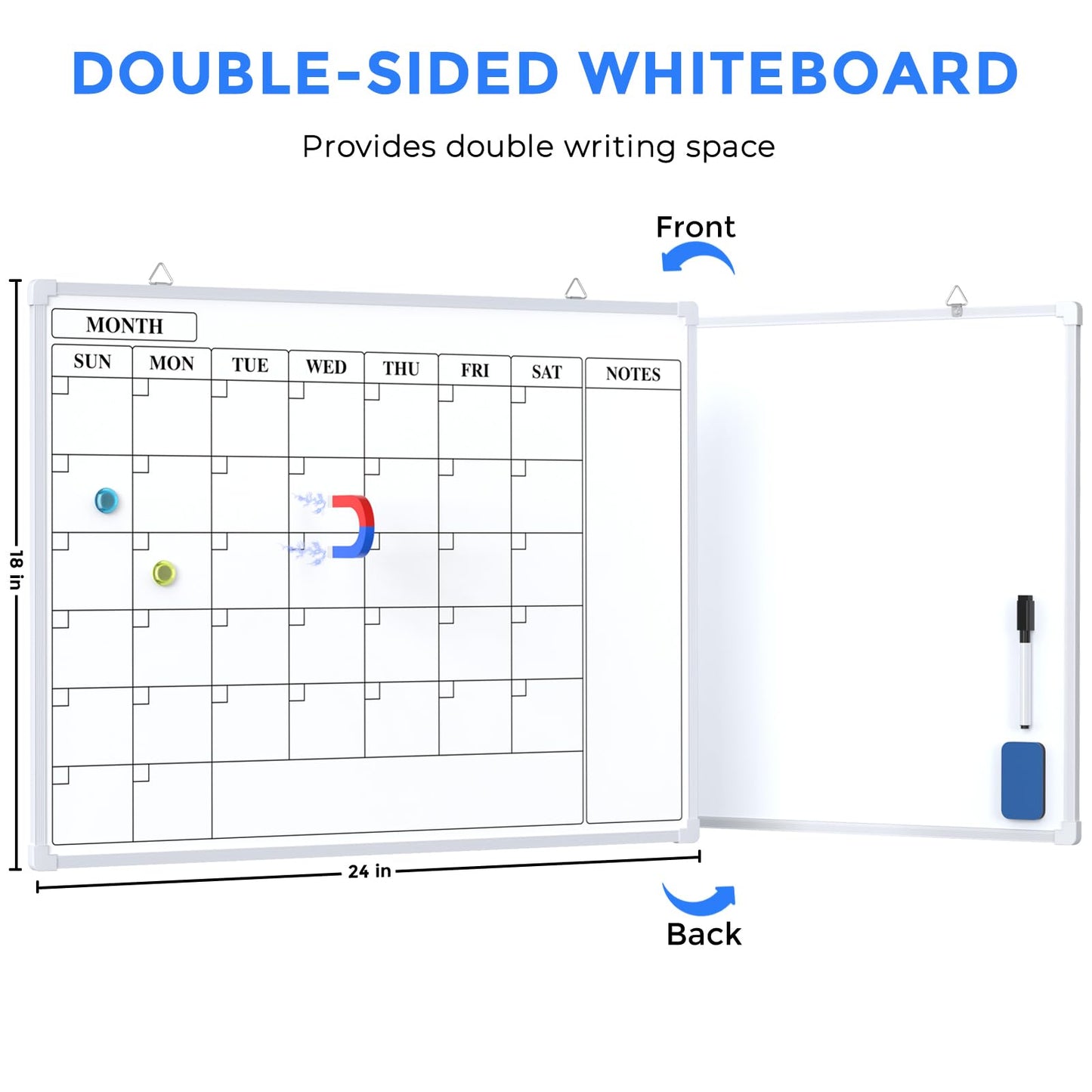 MaxGear Monthly Calendar Dry Erase Board for Wall, 24"x18" Magnetic Double-Sided White Board, Hanging Whiteboard for Planning, Drawing, Memo, to Do List, School, Home, Kitchen, Office