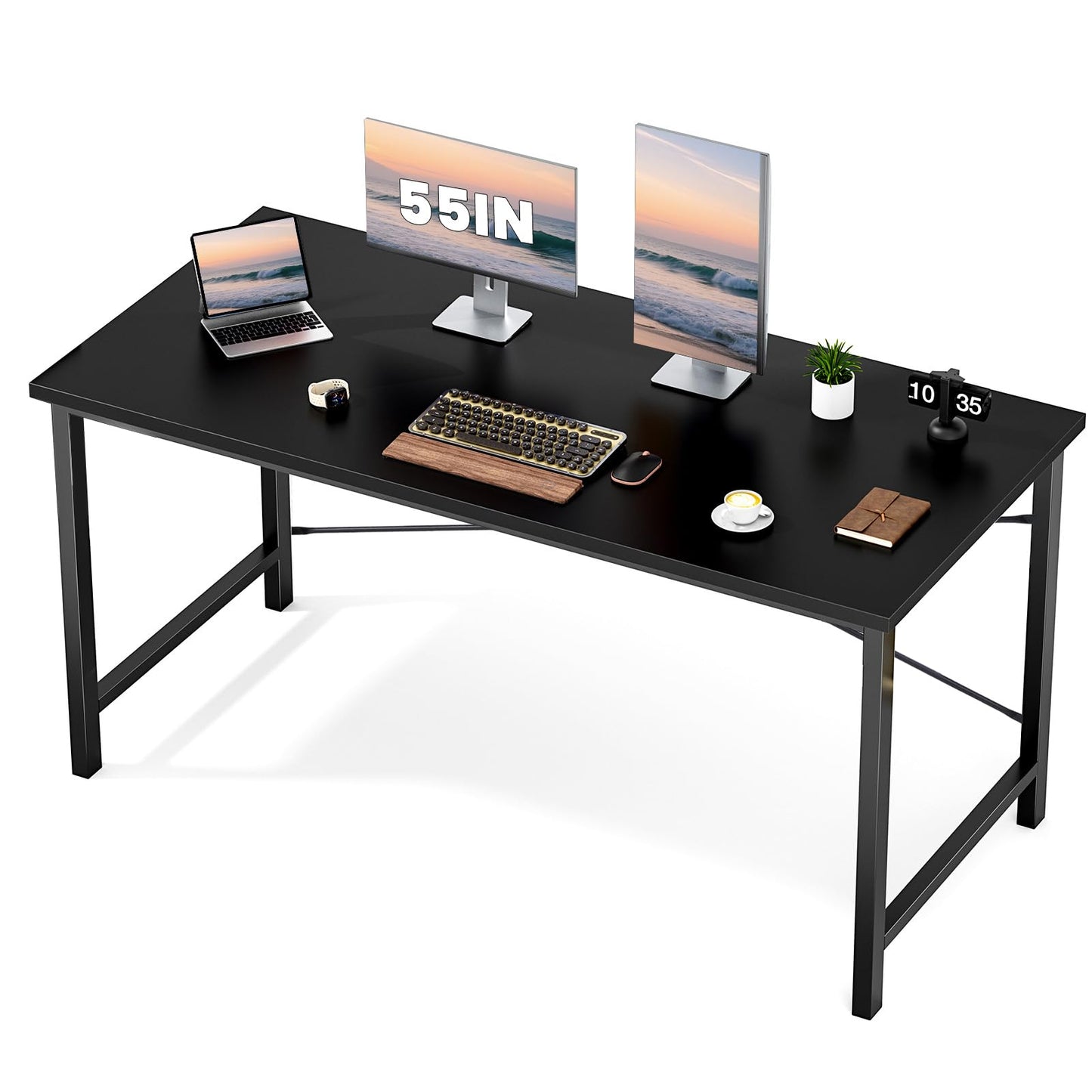 Sweetcrispy Computer Office Desk 55 Inch Student Study Writing Work with Metal Frame Wood Tabletop Modern Simple PC Home Bedroom Table - Black, Sturdy Compact Desk for Laptop, Study, Gaming
