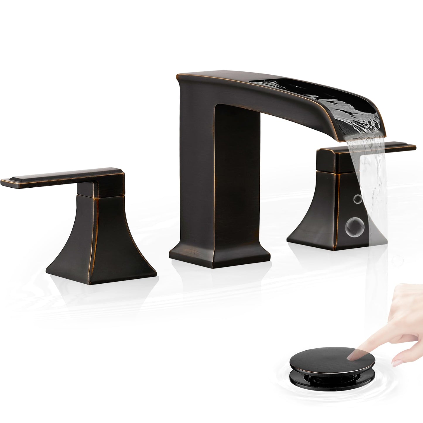 HEYMYTAP Oil Rubbed Bronze Bathroom Faucet 3 Hole, 4-16 Inch Brass Waterfall Faucet for Bathroom Sink, 2 Handle Vanity Bathroom Faucets with Pop-up Drain and Supply Hoses