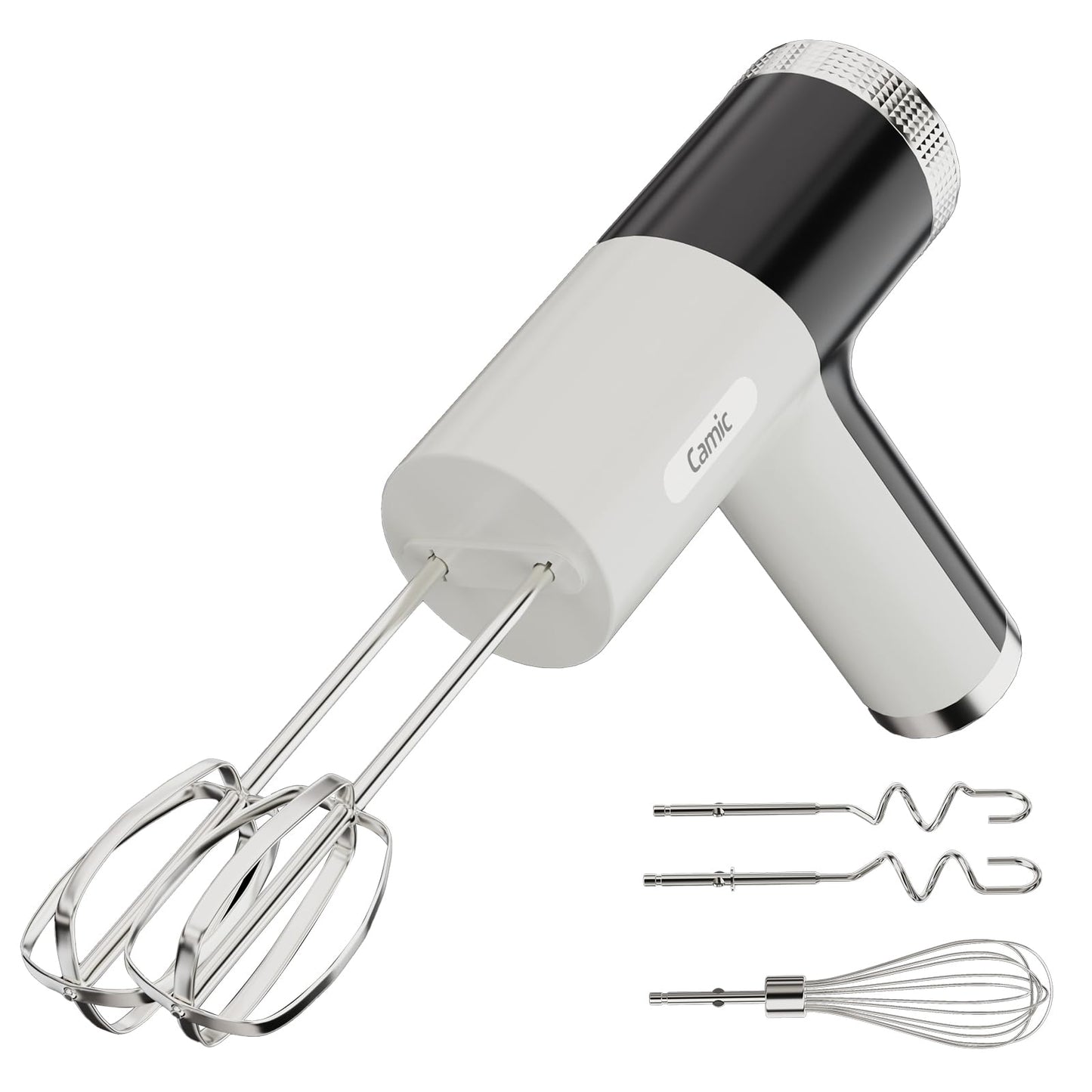 Camic Electric Hand Mixer with 9 Speeds, Powerful Motor, Cordless Hand Mixer with Whisk, Dough Hook and Mixing Rod for Whipping Eggs, Cream, Butter, Jam, Kneading Dough and Blending (White+Black)