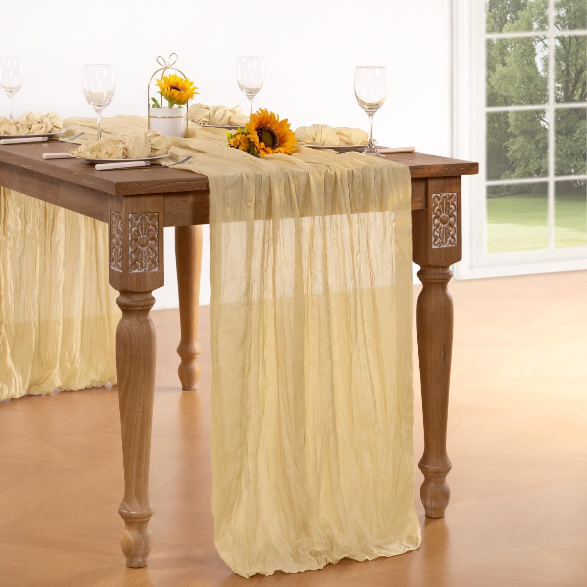 DeZerlor Champagne Gold Cheesecloth Table Runner 12 Pack Summer Sheer Cheese Cloth Table Runners Boho Gauze 120 Inches Summer Table Decorations for Champagne Bridal Shower Wedding Baby Shower Parties