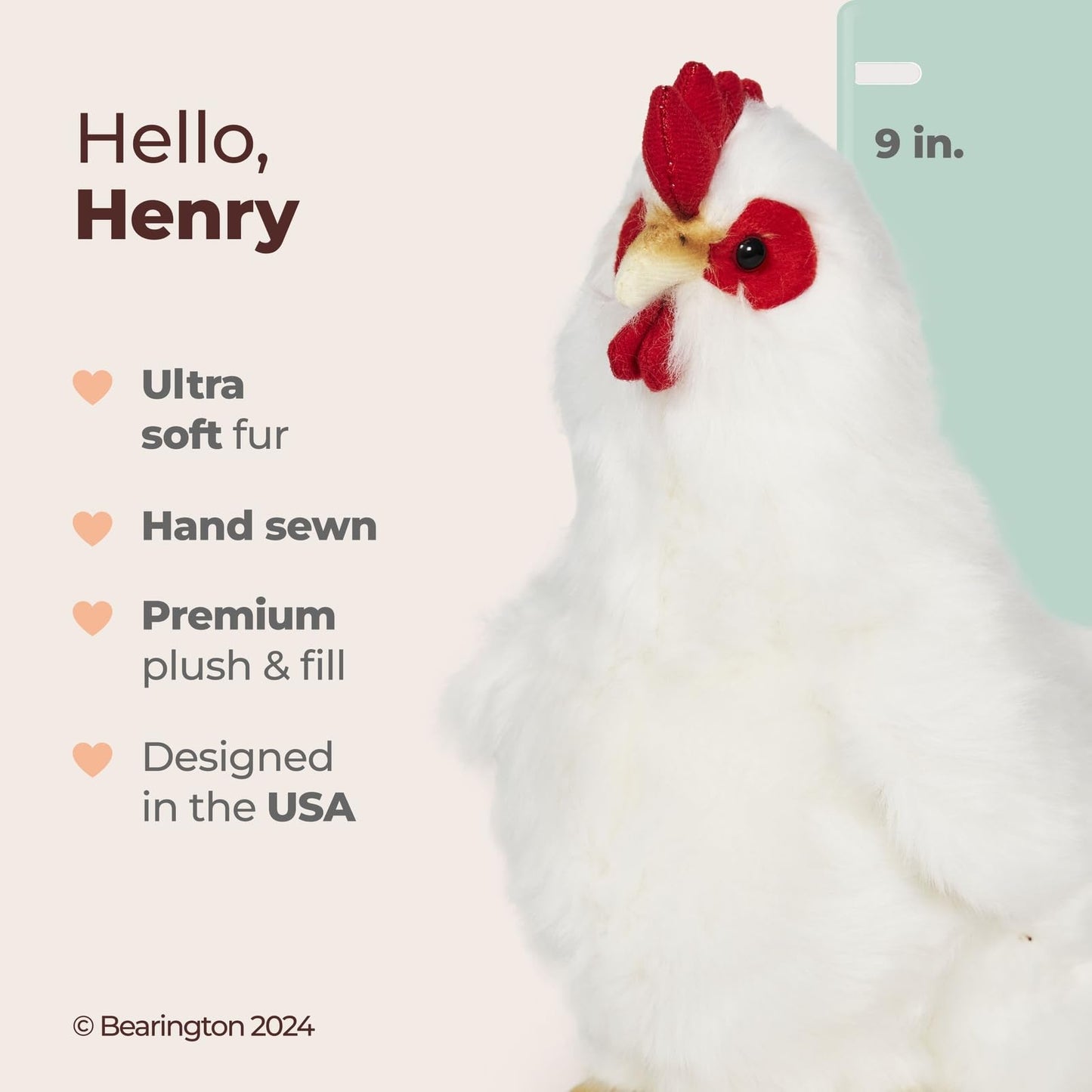 Bearington Henny Plush White Hen Stuffed Animal, 9 Inches