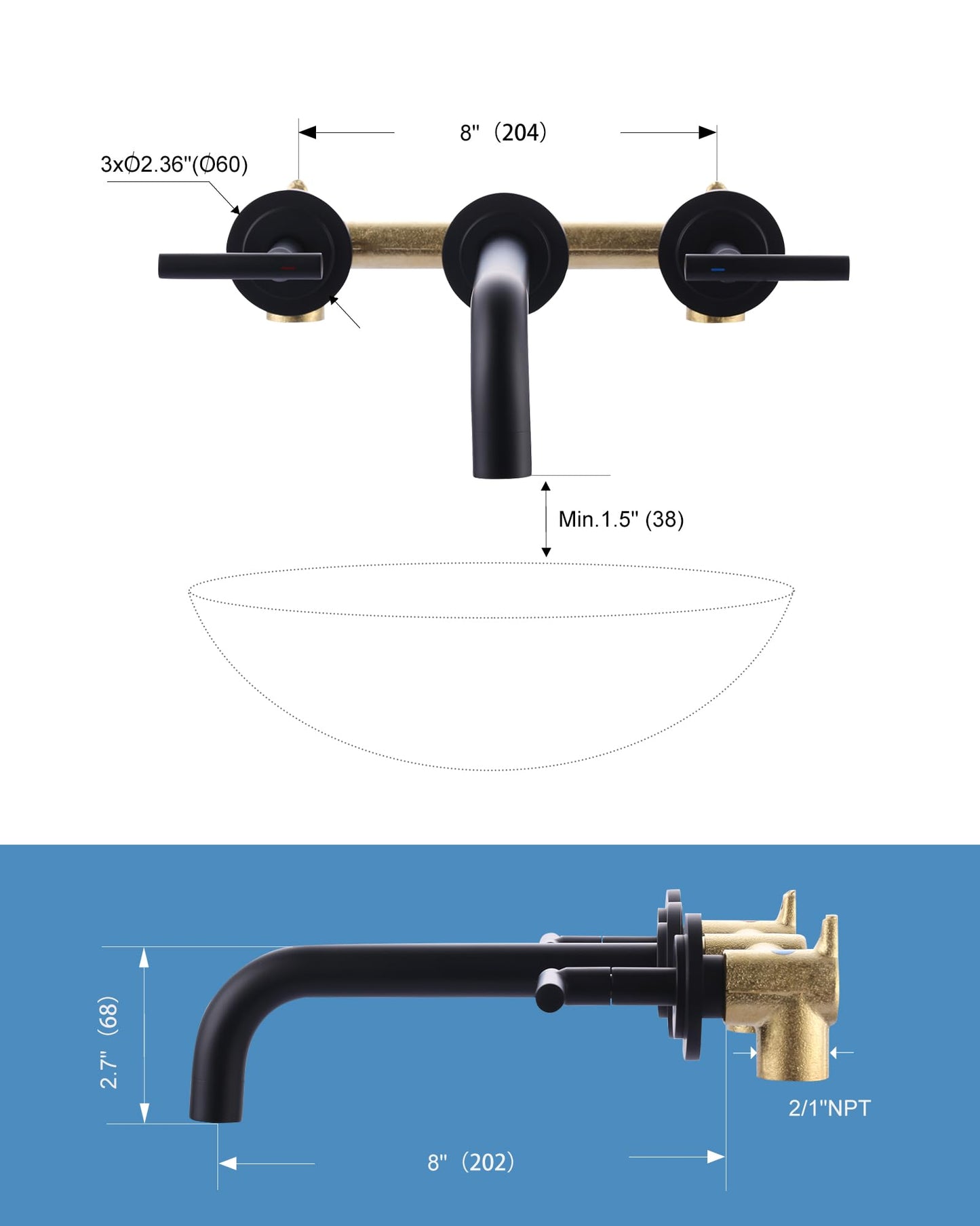 WOWOW Wall Mount Bathroom Faucet Matte Black Wall Faucet High Flow Two Handles Stainless Steels,Long Spout Reach,Widespread Bathroom Sink with Rough-in Valve 3 Holes Elegant Classic Spout