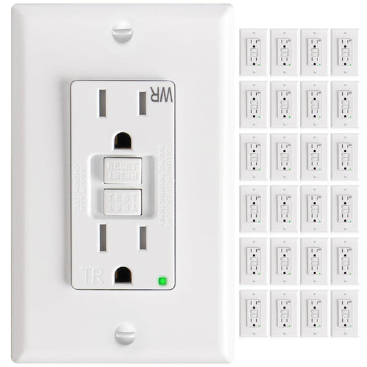 Amico 24 Pack 15 Amp GFCI Outlet with Thinner Design, Weather Resistant (WR), Self-Test GFI Receptacles with LED Indicator, Wall Plates and Screws Included, Indoor or Outdoor, White, ETL Listed