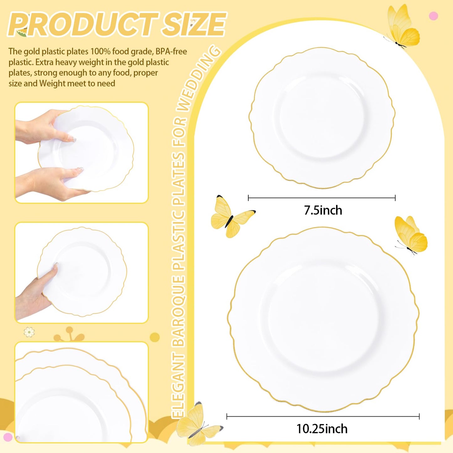 WDF 60pcs White and Gold Plastic Plates - Baroque White With Gold of 30 Heavy Duty Gold dinner plates 10.25inch, 30 Salad Plates 7.5inch