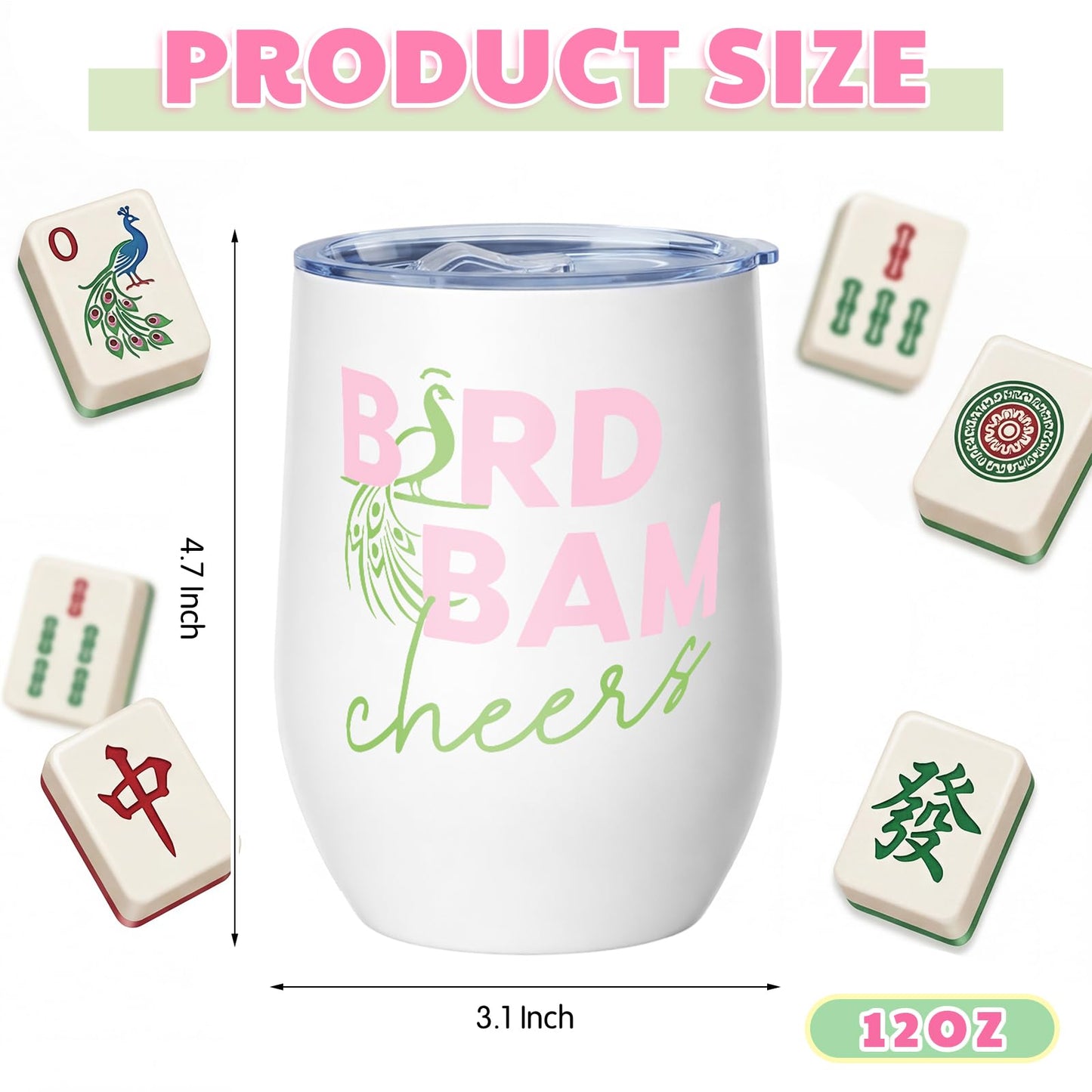 Patelai 4 Pcs Mahjong Tiles Accessories Tumbler, Mah Jong Gifts Stainless Steel Tumbler with Lid and Straw 12oz, Gifts for Mah Jong Players Lovers Travel Coffee Cup(12 oz,Cute Mahjong)