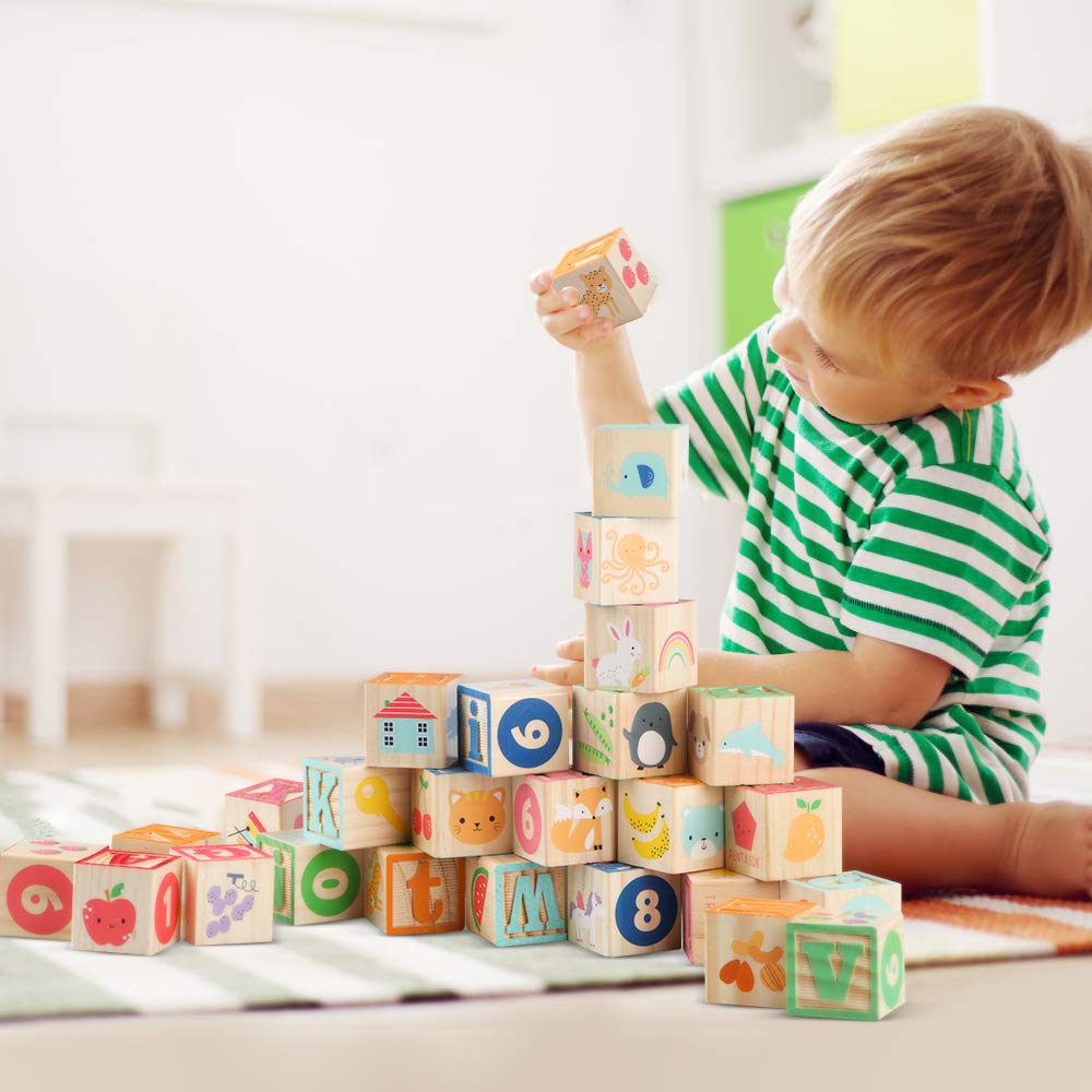 Gemileo - ABC Wooden Building Blocks for Toddlers 1-3 36 Pieces Wooden Alphabet Number Blocks for Stacking Learning Preschool Educational Montessori Sensory Toys for Kids