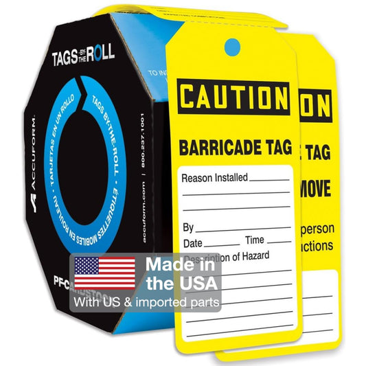AccuformNMC 250 Safety Tags by-The-Roll, Caution Barricade, US Made OSHA Compliant Tags, Waterproof PF-Cardstock, Resists Tears, 6.25"x3", TAR160