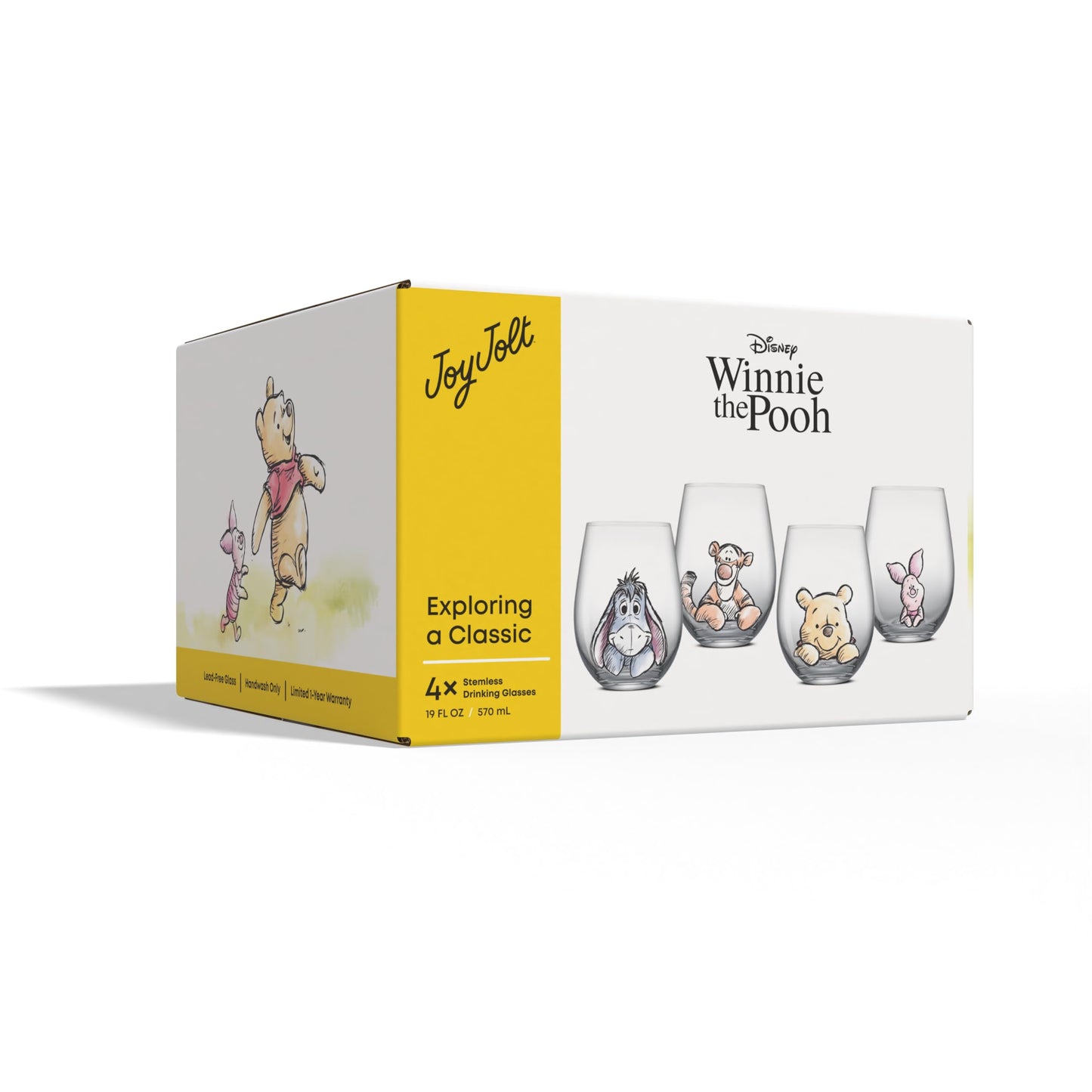 JoyJolt Disney Winnie the Pooh Exploring a Classic Stemless Drinking Glasses, 19oz Glass Cups ft Pooh Bear Tigger Piglet Eeyore, Kitchen Glassware Set of 4, Winnie the Pooh Adult Gifts