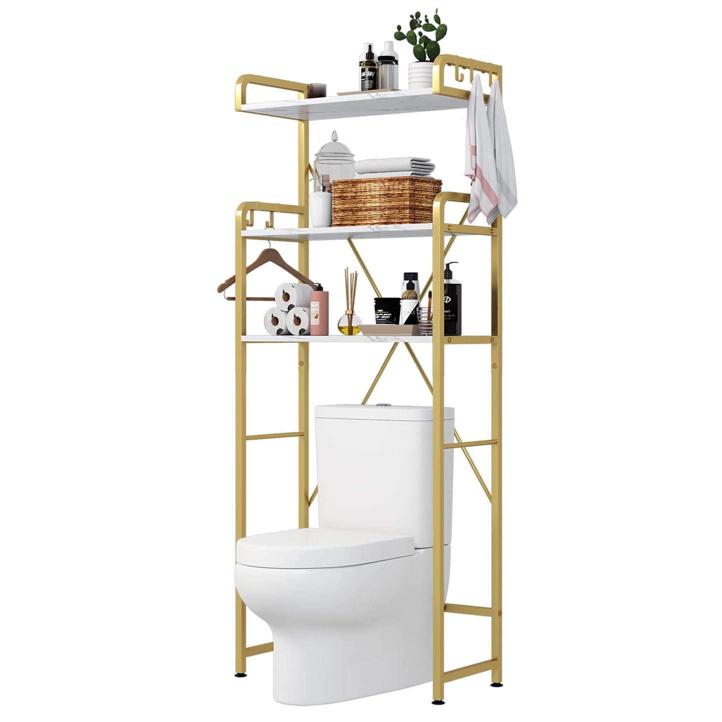 Over The Toilet Storage Rack with 3-Tier Shelves, Space Saver Toilet Shelf, Laundry Organizer with Hooks for Over Toilet Storage and Space Saver (White & Gold)