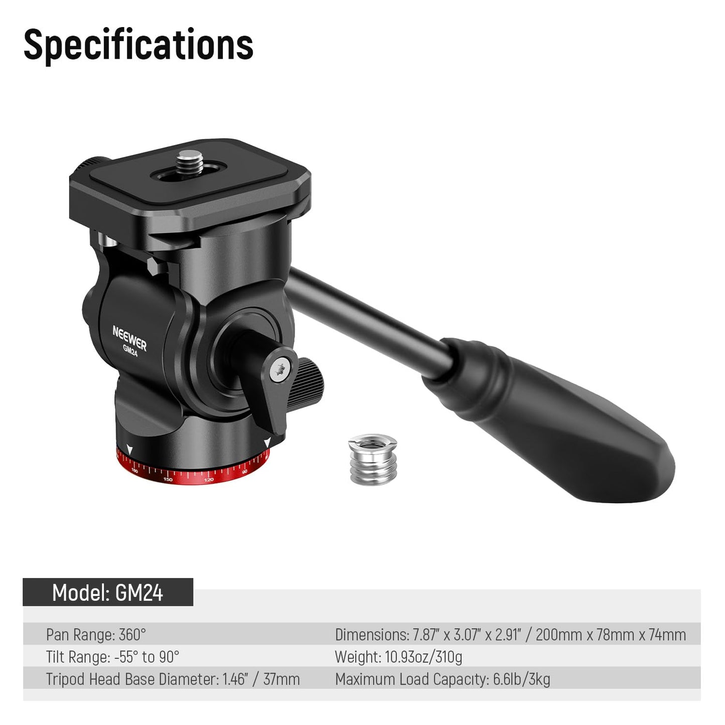 NEEWER Tripod Fluid Head Pan Tilt Head with Quick Release Plate and Handle, Metal Camera Tripod Head Compatible with Arca Swiss for Compact Video Cameras DSLR Cameras, Load up to 6.6lb/3kg, GM24