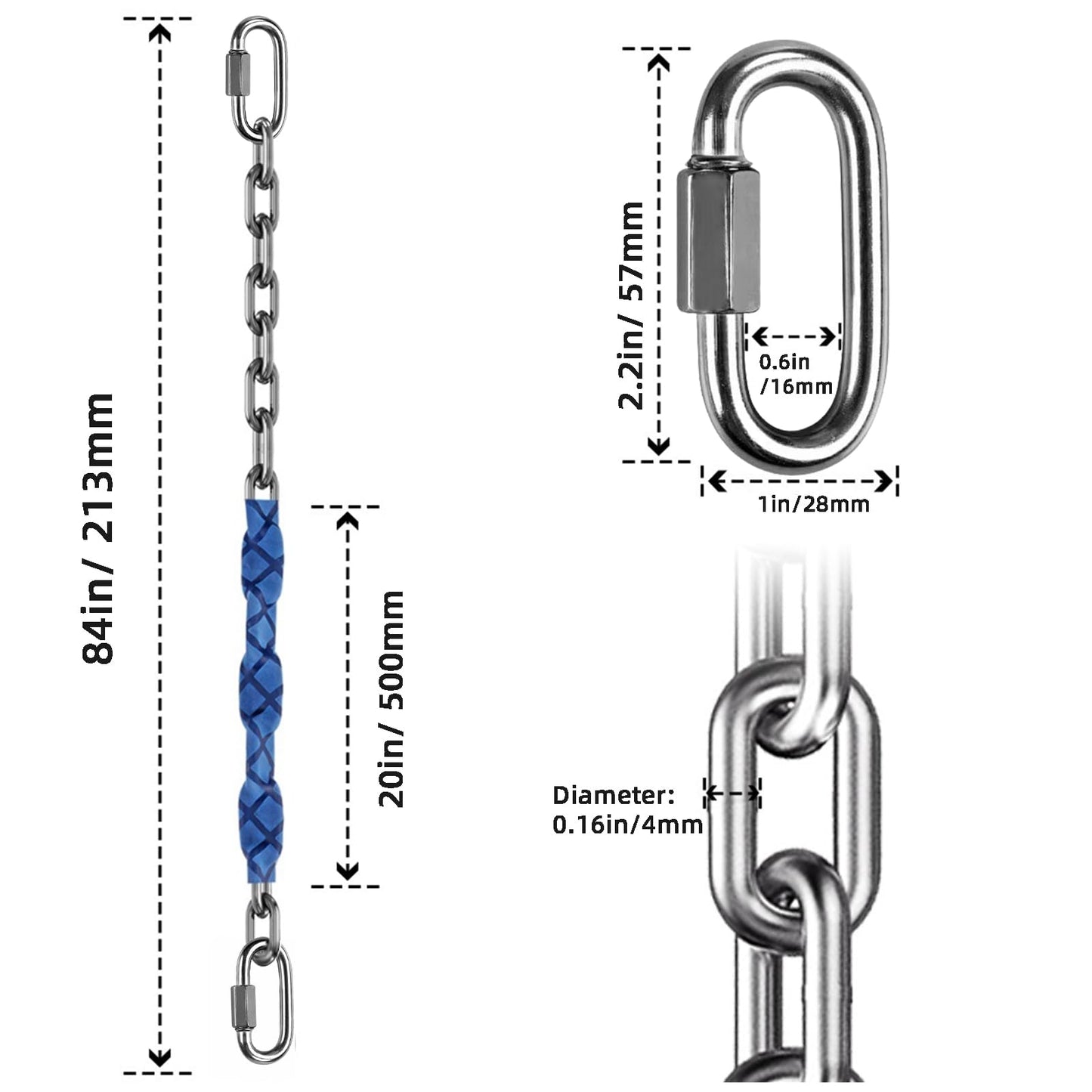 Dakzhou 4 Stainless Steel Chains (84") Swing Chains, Heavy Duty Swing Hardware,4 Quick Connection Buckles, Indoor and Outdoor Playground Swings, Hammocks, Sandbags, 1000 lb Capacity Blue