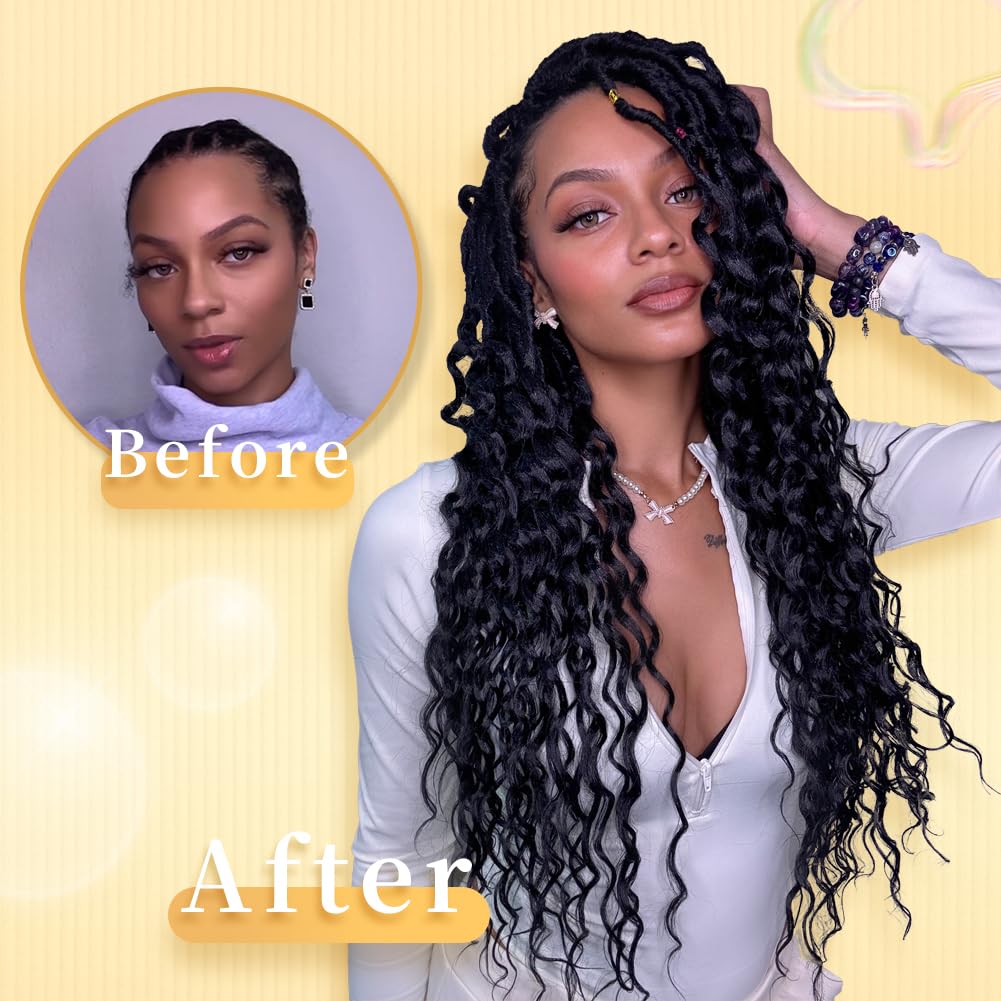 Crochet Hair for Women with Curly Ends 30 Inch Goddess Locs Crochet Hair Deep Soft Faux Locs Crochet Braids Pre Looped Curly Wavy Dreadlock Extensions 8 Packs 1B