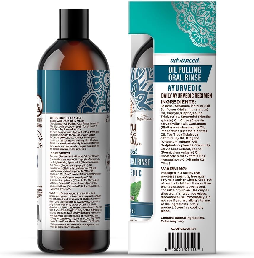 GuruNanda Advanced Oil Pulling with Tongue Scraper, Natural Alcohol Free Mouthwash with Coconut Oil, Vitamins D & E for Teeth & Gum Health (3x8 Fl Oz)