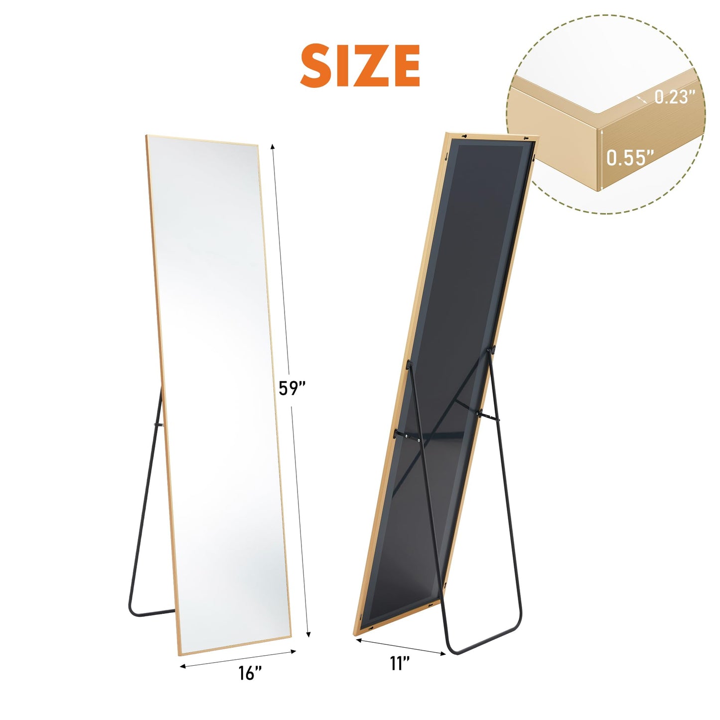 DUMOS Gold Full Length Mirror 59"x16.5" Full Body Floor Mirror for Bedroom or Cloakroom, Can Stand Alone, Hang or Lean Against Wall, Tall Wall Mirrors with Stand and Sleek Aluminum Alloy Thin Frame