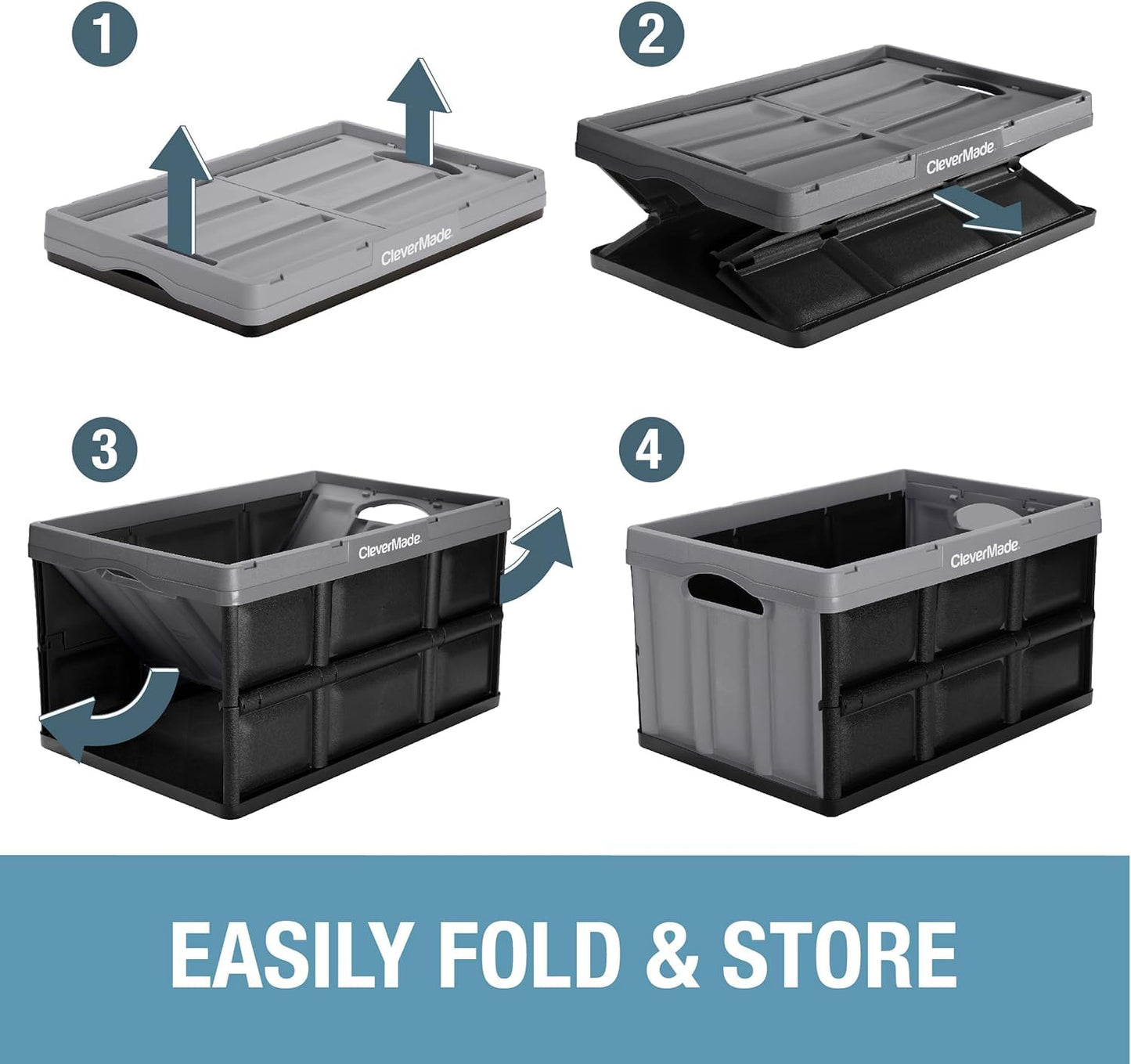 CleverMade Collapsible Storage Bins 32L 3 Pack – Heavy Duty Foldable Storage Bins with Built-In Handles for Garage Storage and Home Organization - Obsidian