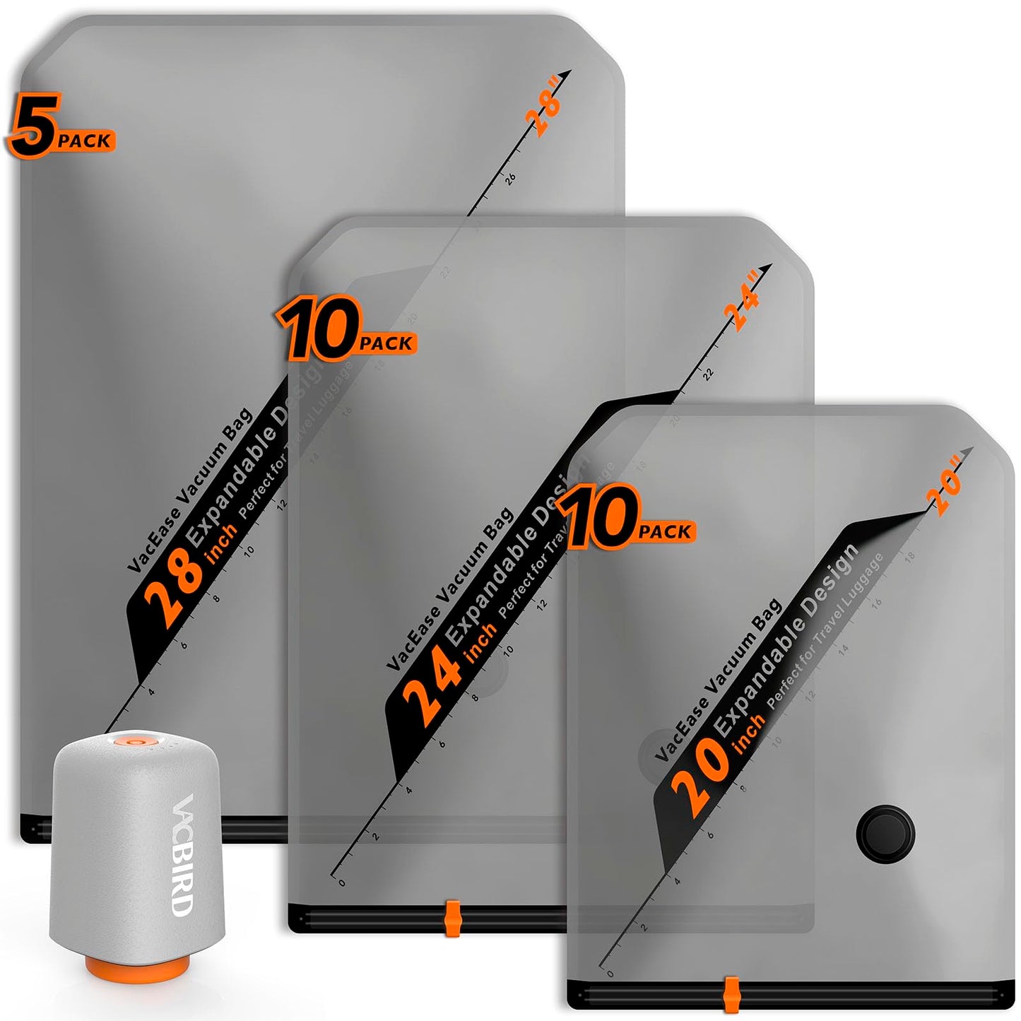 Vacbird Rechargeable Wireless Pump Travel Storage Bags Set - 25 Pack Portable Space Saver Bags for Travel & Home - Vacuum Compression Packing Seal for Clothes, Blankets, Seasonal Storage