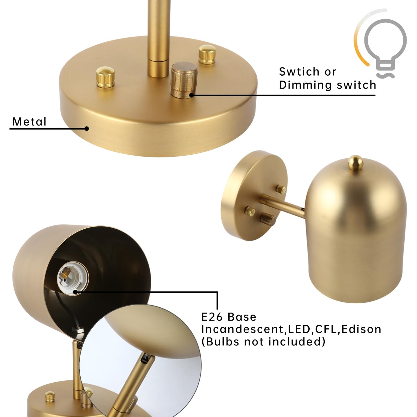 Pathson Set of 2 Hardwired Wall Sconce Dimmer Switch, Brass Finish Wall Light Lamp Adjustable Light Angle Wall Vanity Lighting, E26 Base Reading Lighting Decor for Bedroom Hallway Living Room