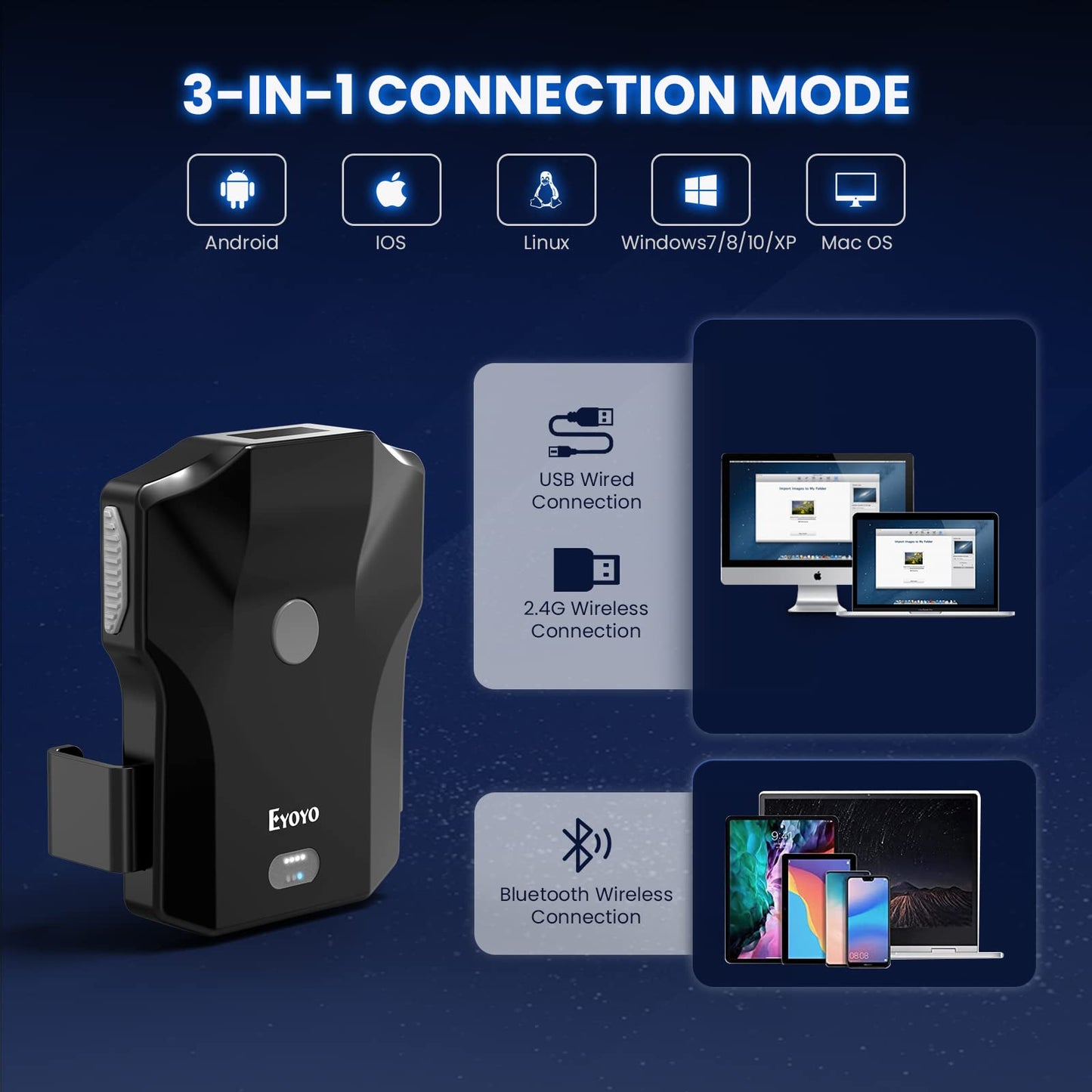 Eyoyo Bluetooth QR Code Scanner, 2D Wireless Back Clip Phone UPC USB Barcode Scanner Reader with Battery Level Indicator Compatible with 4.7"-7.2" Android Phone, iPhone for Book Library Inventory