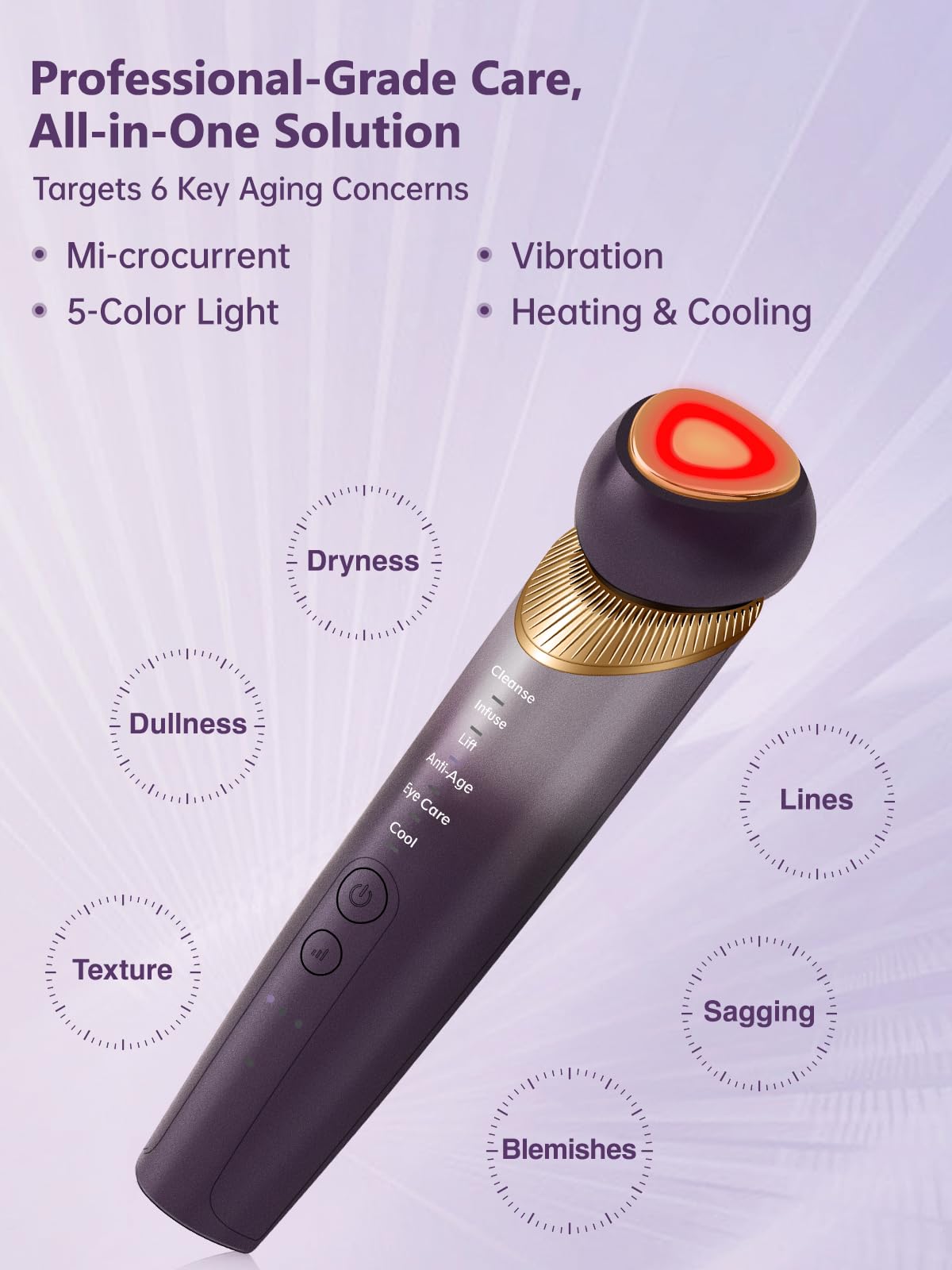 Yuonry 6-in-1 Age-Defying - Eye, Face & Neck Lift & Firm, 5-Color Light Therapy for Face with Microcurrent, Vibration, Heat & Cooling, Skin Care Tool for Youthful & Tightening Skin (Purple)
