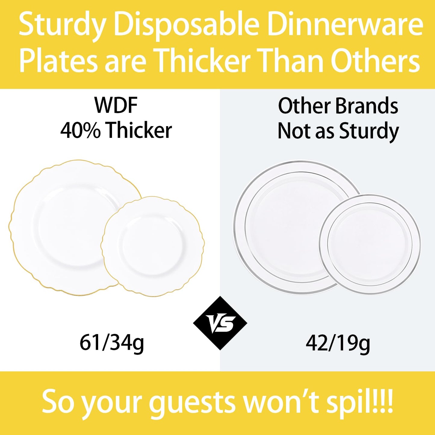 WDF 60pcs White and Gold Plastic Plates - Baroque White With Gold of 30 Heavy Duty Gold dinner plates 10.25inch, 30 Salad Plates 7.5inch