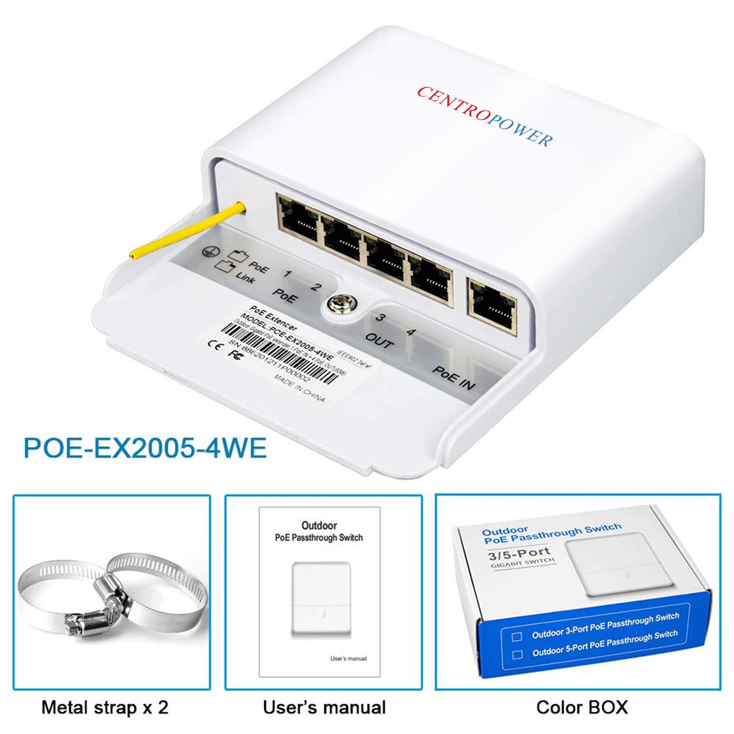 Outdoor 5 Port PoE Switch/Extender/Booster, 60W 48V 10/100/1000M POE Passthrough Switch Outdoor Ethernet Extender，PoE Repeater,6KV Lightning Protection, IEEE 802.3af/at/bt, by CENTROPOWER