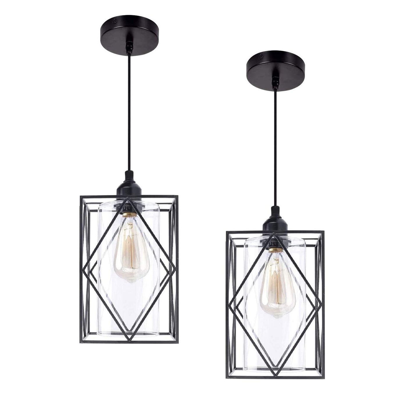 HMVPL Farmhouse Pendant Light Fixtures, Set of 2 Black Farmhouse Hanging Chandelier Lights with Glass Shade, Mini Industrial Ceiling Lamp for Kitchen Island Dining Room Over Sink Hallway Bedroom