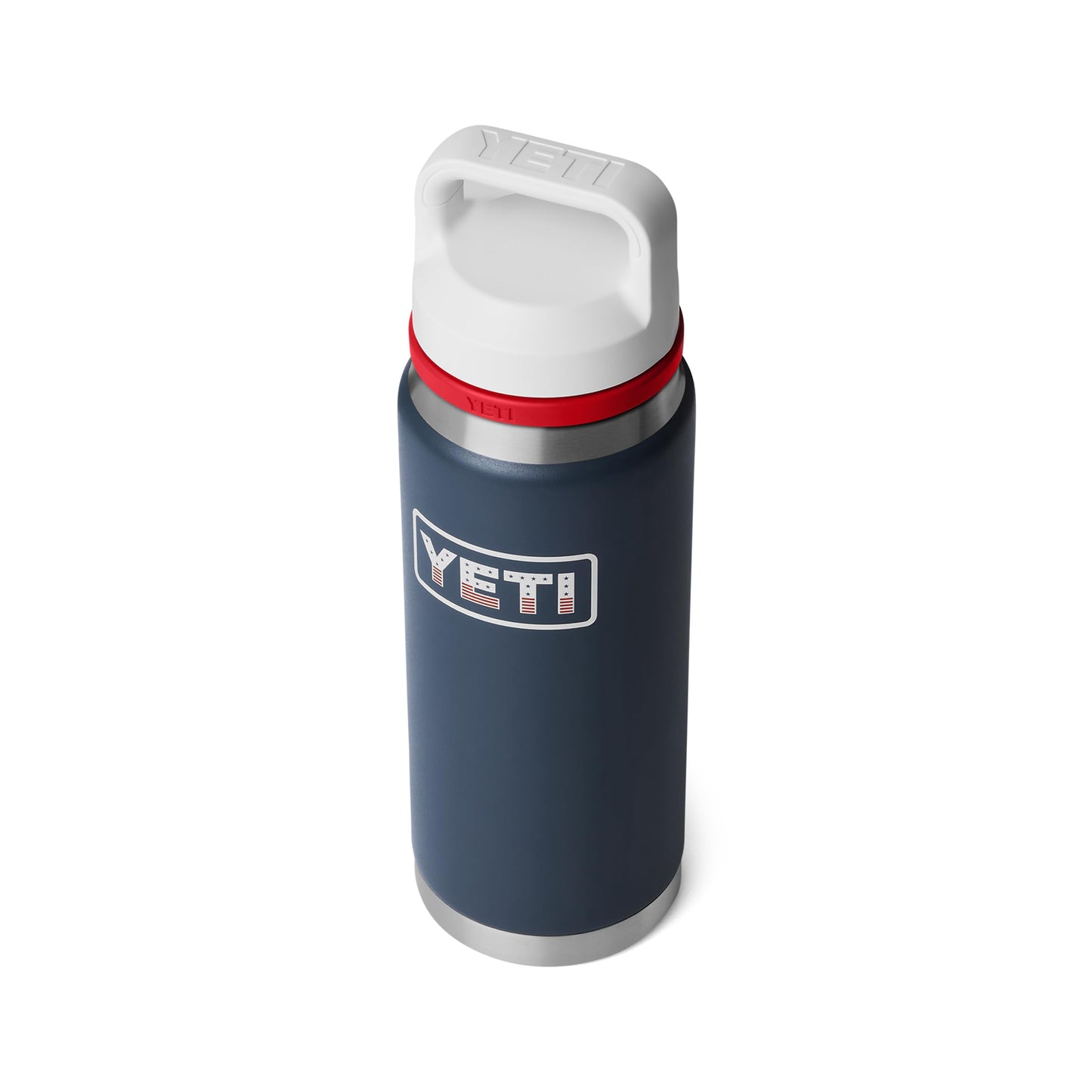 YETI Rambler 26 oz Bottle, Leakproof, Vacuum Insulated, Stainless Steel with Chug Cap, Navy/Rescue Red/White/Badge