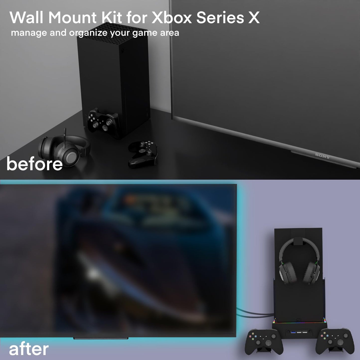 JDGPOKOO Wall Mount with Cooling Fan for Xbox Series X, 4 in 1 Wall Mount Kit for Xbox Series X, 3 Speed Low Noise Fan with RGB Light Strip & Touch Switch, 3 USB Port Controller & Headphone Holder