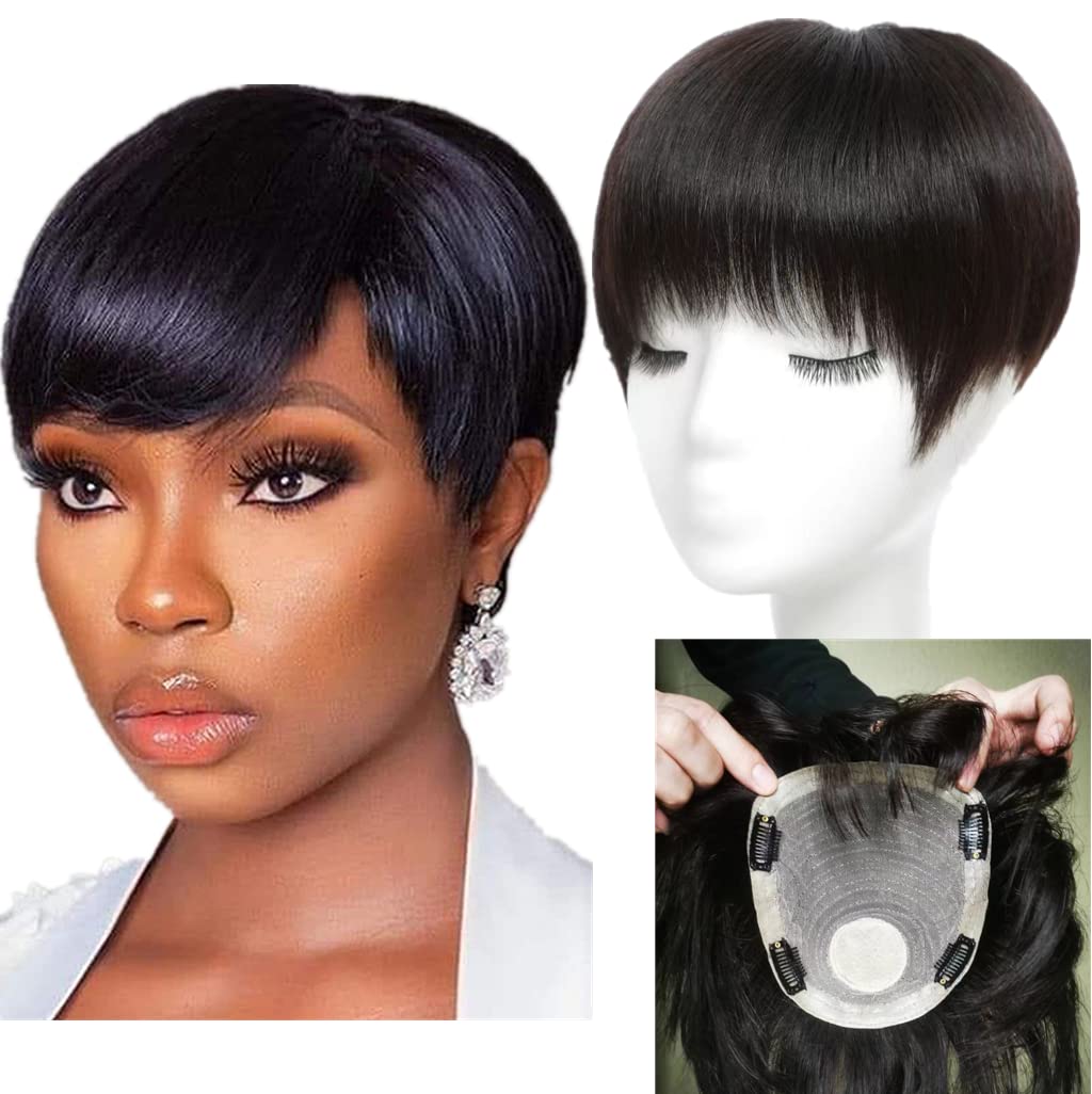 BESTOPPER Curly Hair Topper 100% Real Human Hair Topper Clip In/On Hair Pieces For Women Thinning Hair And Hair Loss (Straight-natural black)
