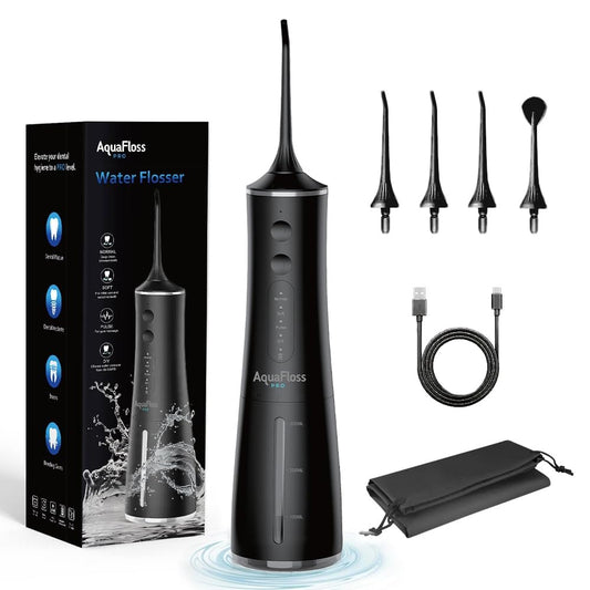 AquaFloss Pro Water Dental Flosser Teeth Pick Portable Cordless Oral Irrigator 300ml Water Tank Rechargeable Travel Teeth Cleaner IPX7 Waterproof Electric Water Flosser BV609 (Black)