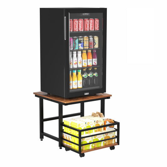 EYOCAL Mini Fridge Stand with Pull-Out Basket, 19.7" x 19.7" Large Tabletop Heavy Duty Stand with Adjustable Feet & Wheels, for Kitchen, Dorm, Office, Rustic Brown and Black