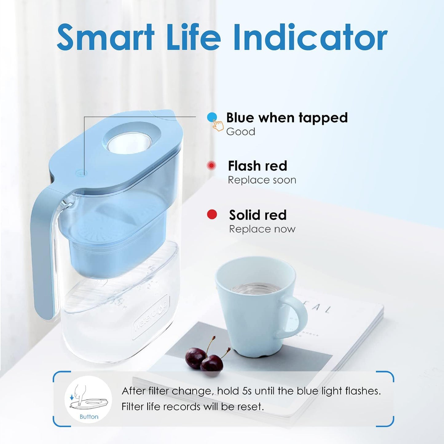 Waterdrop PT-05B Water Filter Pitcher with 3 Filters, 7-Cup Capacity, NSF Certified, 5X Longer Filter Life, Up to 600 Gallons, Fridge-Friendly Design, Reduces PFOA/PFOS and Chlorine, Blue
