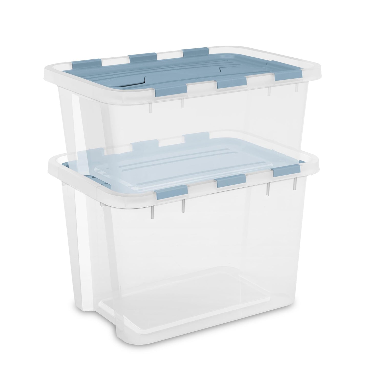 Sterilite 6-Pack Hinged Lid Storage Box, Plastic Organizer Containers, 20 Qt, Washed Blue - Large Stackable Tote Boxes with Lids for Home, Closet, Cabinet, Classroom, and Office Organization